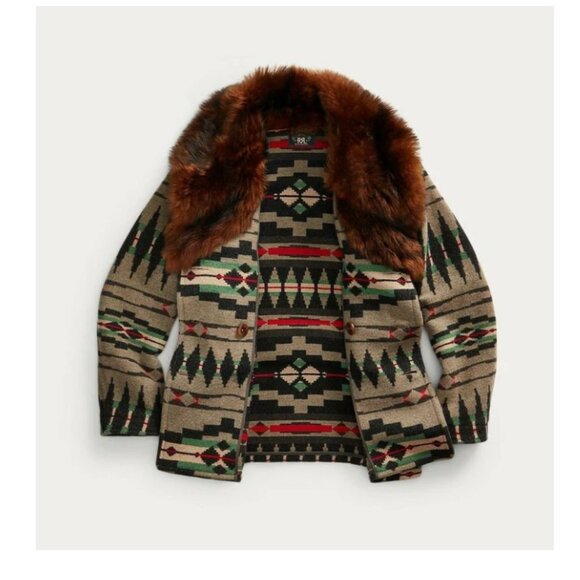 RRL Ralph Lauren Shearling Jacquard Blanket Jacket Suede Trim Men's - Picture 2 of 8